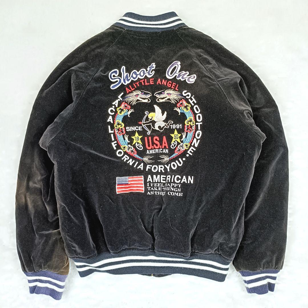 shoot one 希少デザイン スカジャン USA 別珍 ベロア 刺繍 L