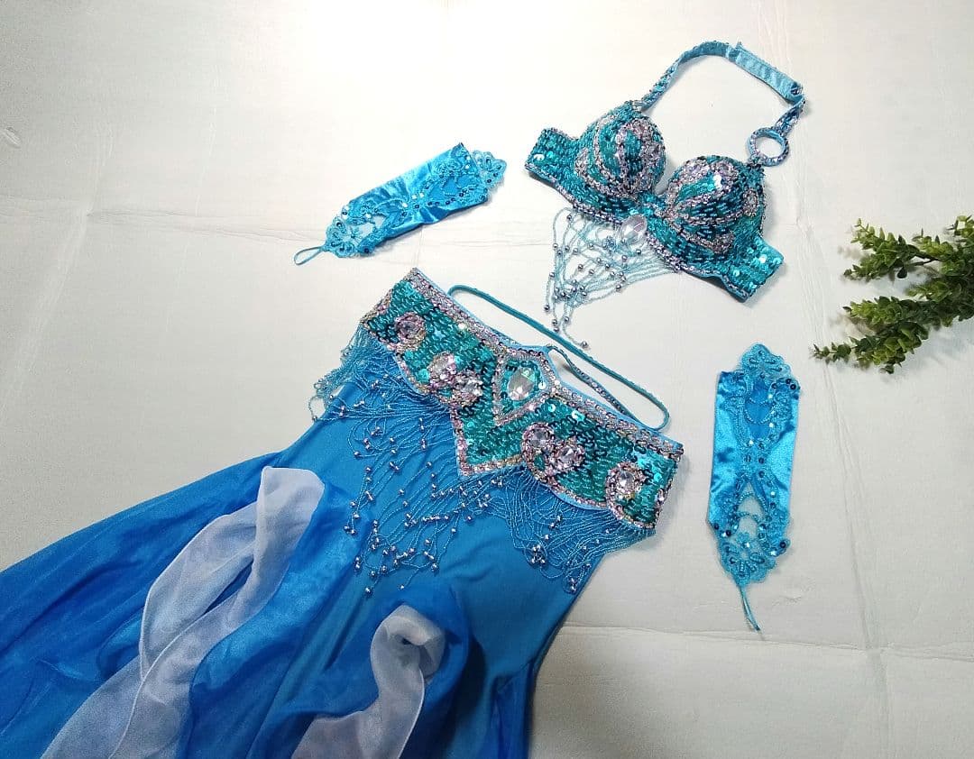 ベリーダンス衣装ブルー オリエンタル アームカバー付M-L水色マーメイドフレアー