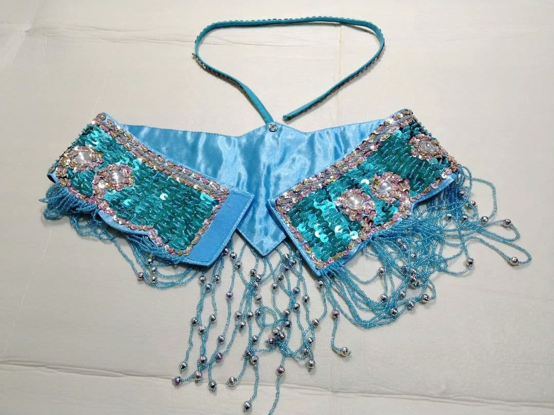 ベリーダンス衣装ブルー オリエンタル アームカバー付M-L水色マーメイドフレアー