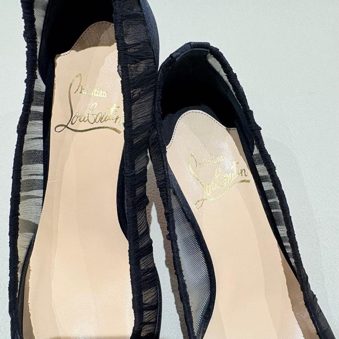 【美品】裏張り済 ルブタン ブラックシフォン リボンパンプス 37 フォーマル