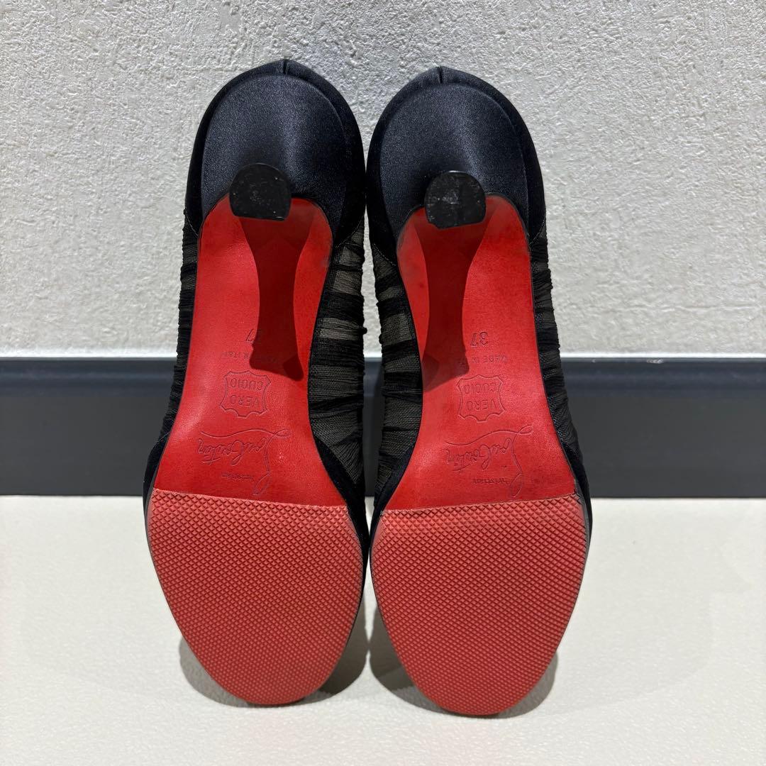 【美品】裏張り済 ルブタン ブラックシフォン リボンパンプス 37 フォーマル