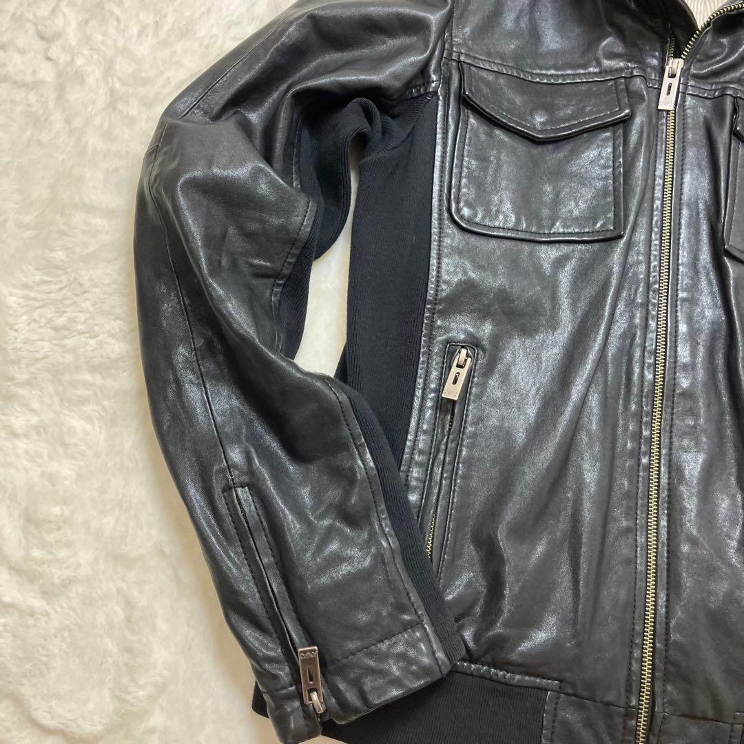 美品 アルマーニジーンズ ニット切替 羊革 ラム レザージャケット ライダース