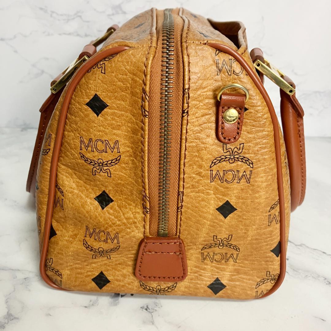 B702【美品】MCM★シボ革 ミニボストンバッグ ブラウン レザー