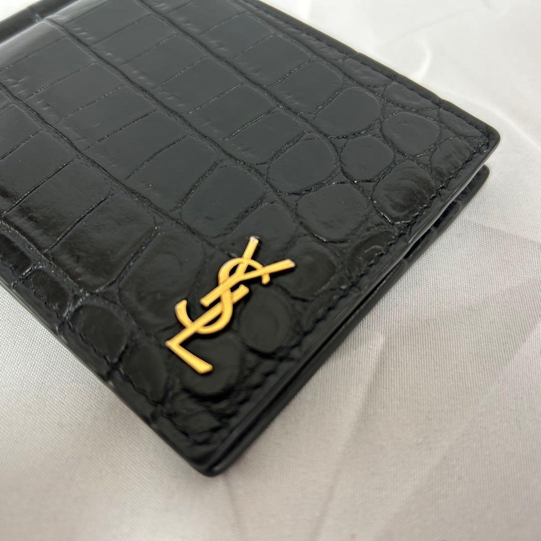極美品　サンローラン　クロコ型押し　マネークリップ　二つ折り財布　カードケース