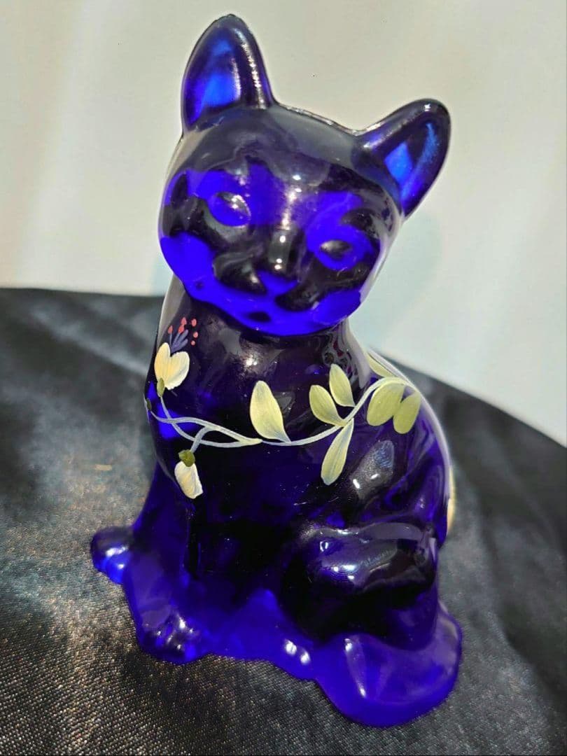 FENTON 花柄 CAT キャット 猫 フェントン ブルーガラス 置物