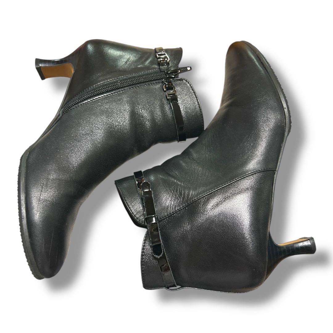 エレガンス卑弥呼 ショートブーツ サイドジップ リボンベルト 25.5 本革黒