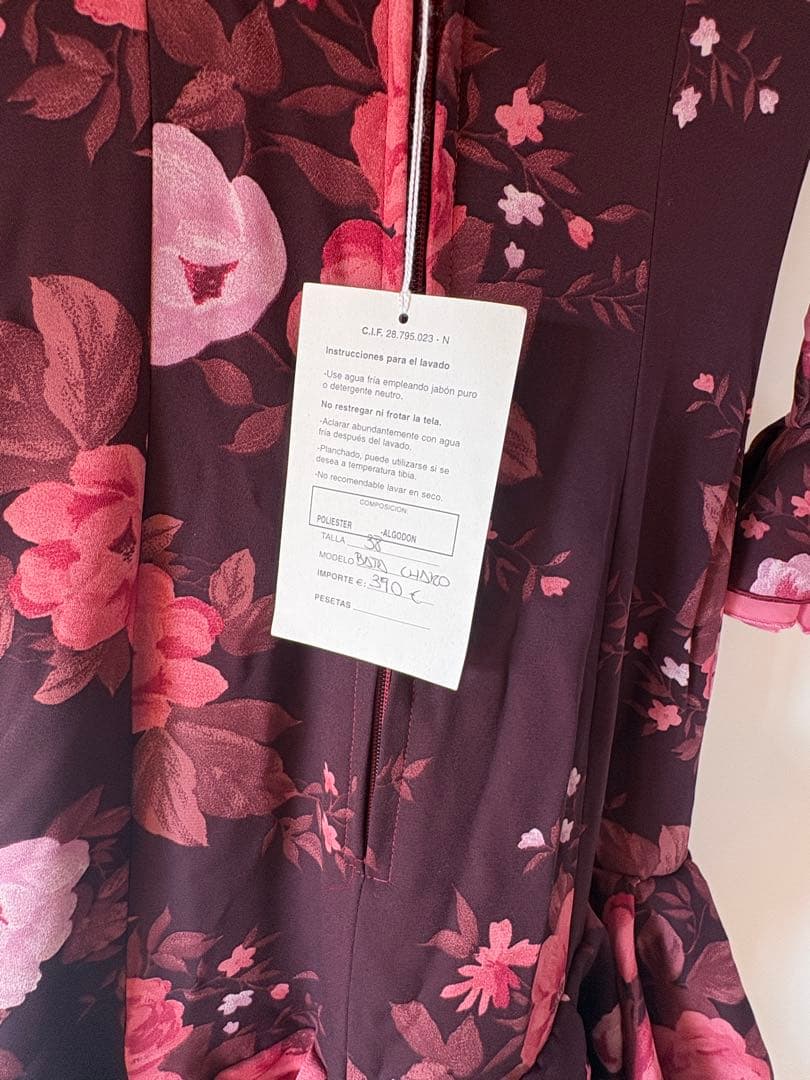 フラメンコ衣装　ドレス　ダーク紅色 ピンク花柄