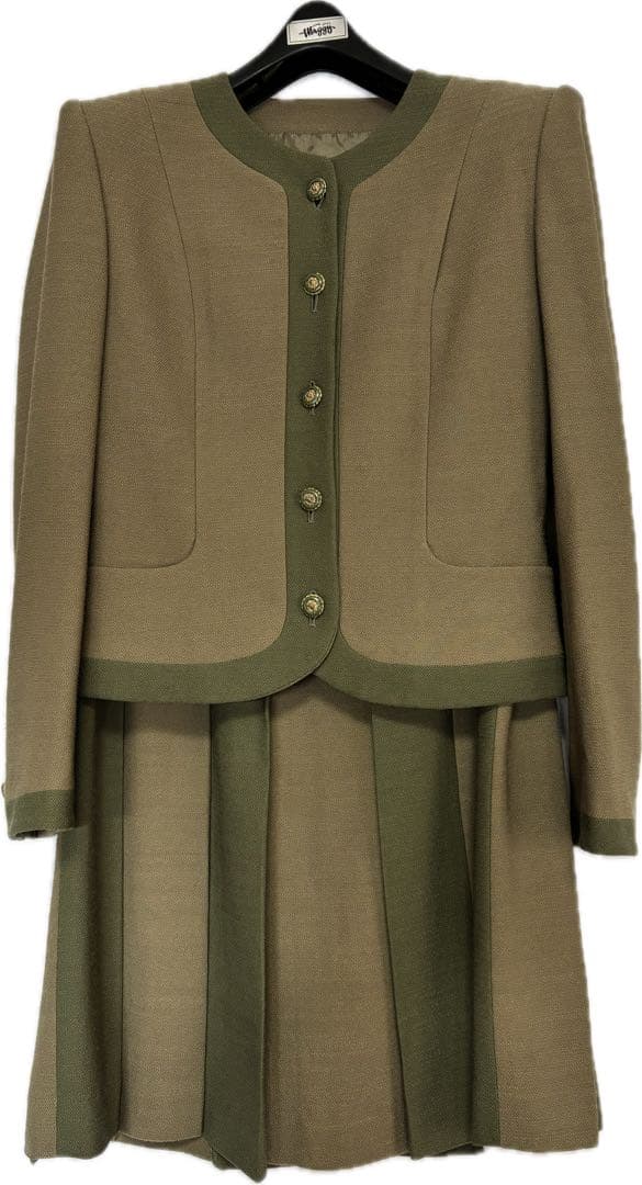 2点セット 美品 銀座マギー ノーカラー スーツ バイカラー プリーツ スカート