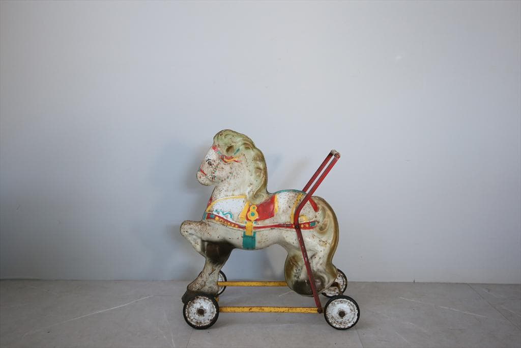 英国アンティークブリキ製ホース/鉄馬/木馬/子供用乗り物/オブジェ(92-68)