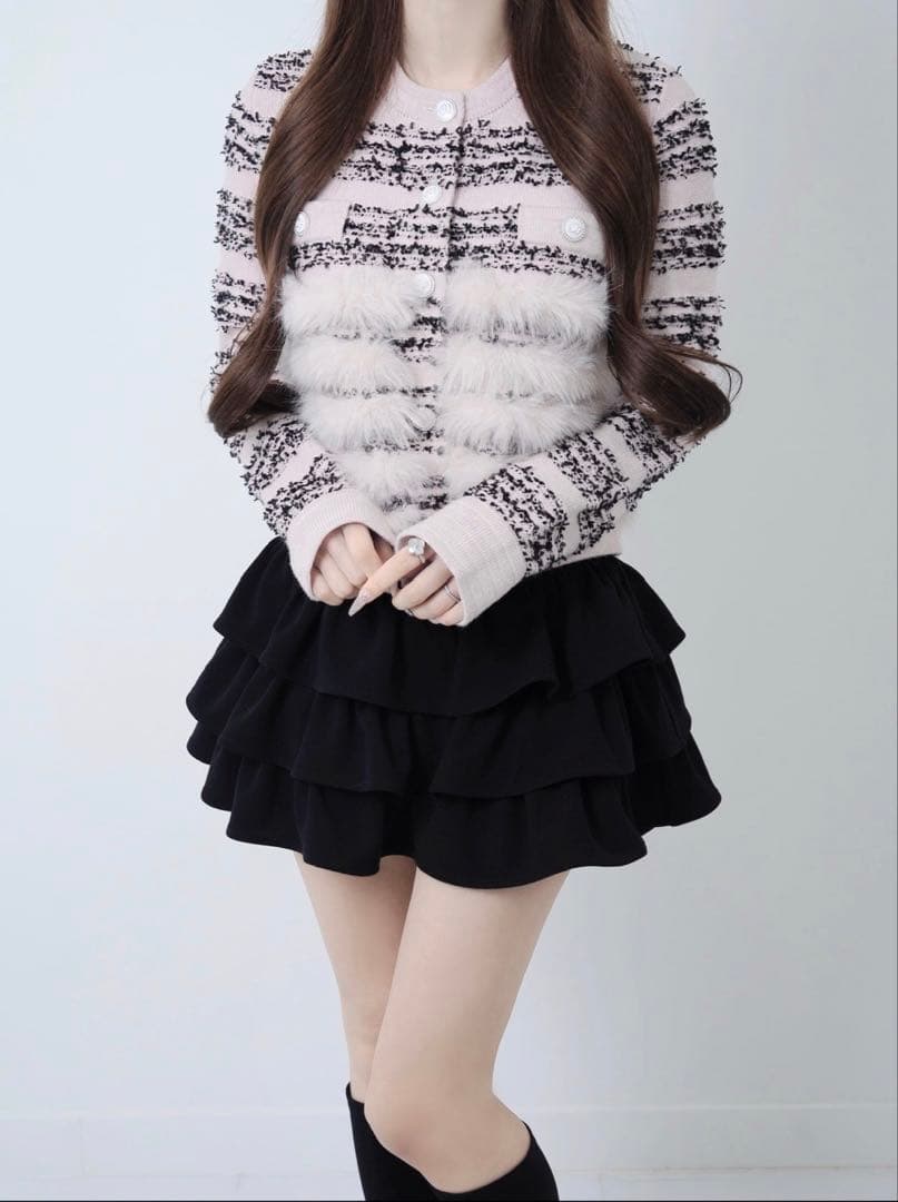 Lumi tweed-like fur knit【ブラック×ピンク】