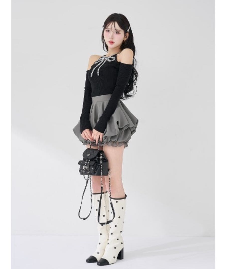 Darich リボンビジューアメスリニットトップス ブラック