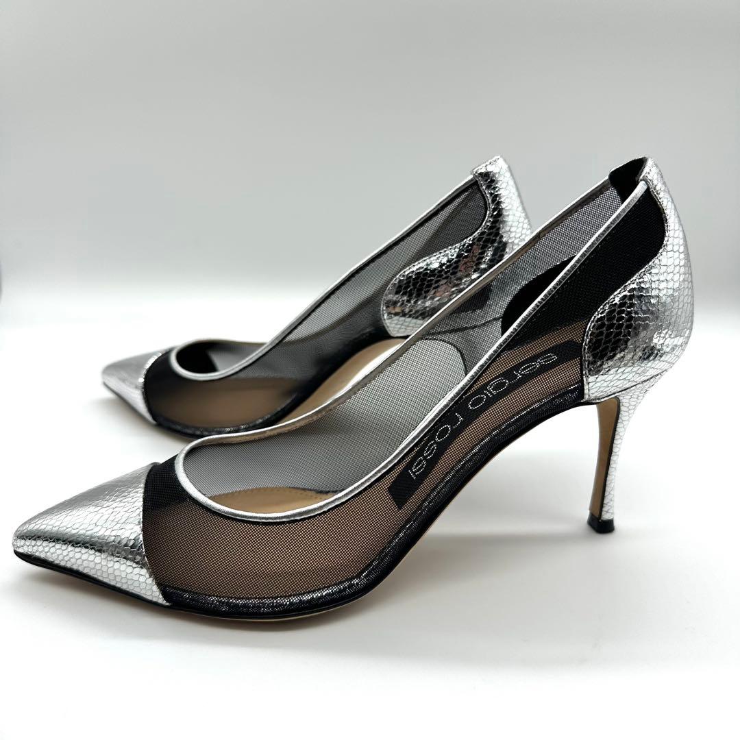 美品★セルジオロッシ レザー メッシュ パイソン パンプス シルバー