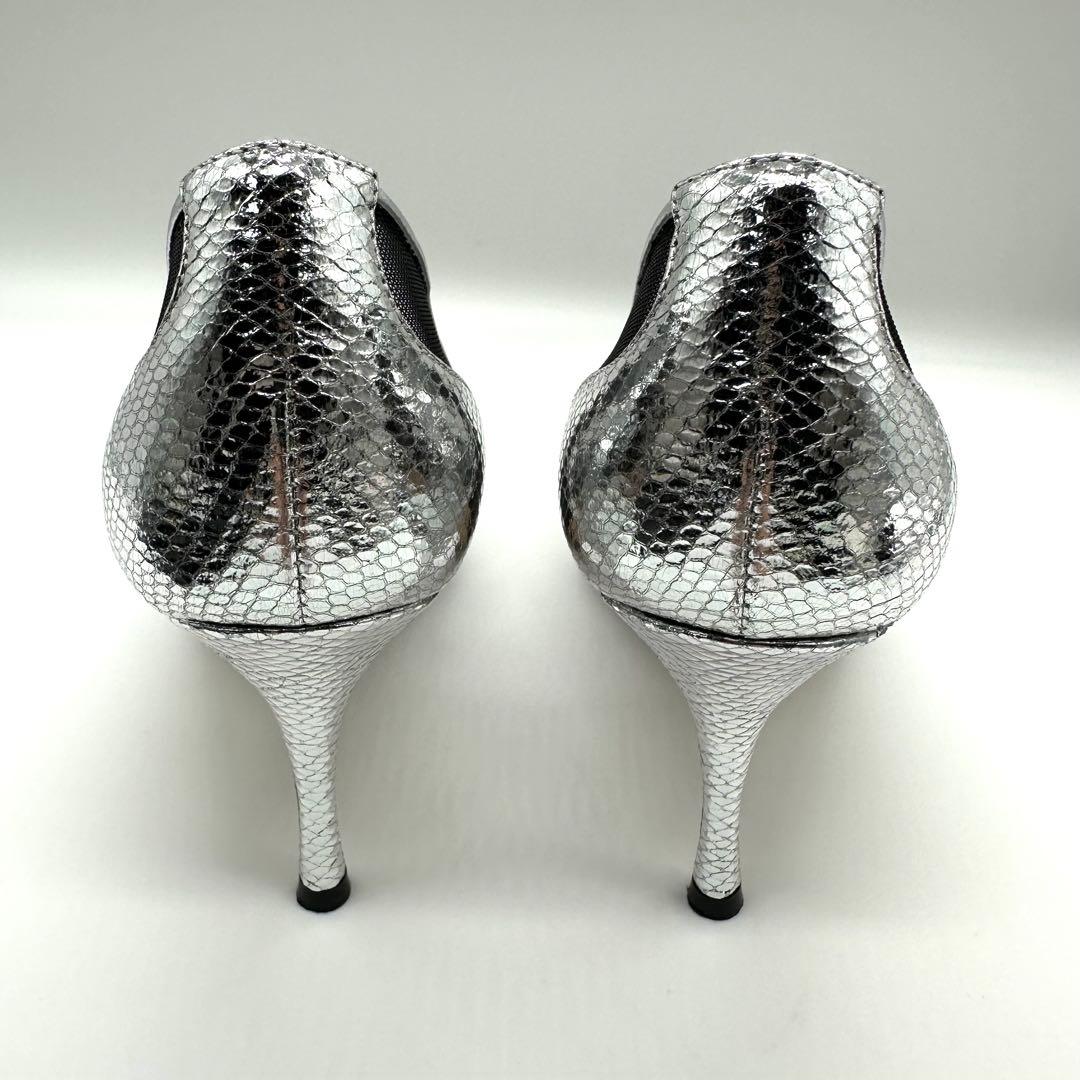 美品★セルジオロッシ レザー メッシュ パイソン パンプス シルバー
