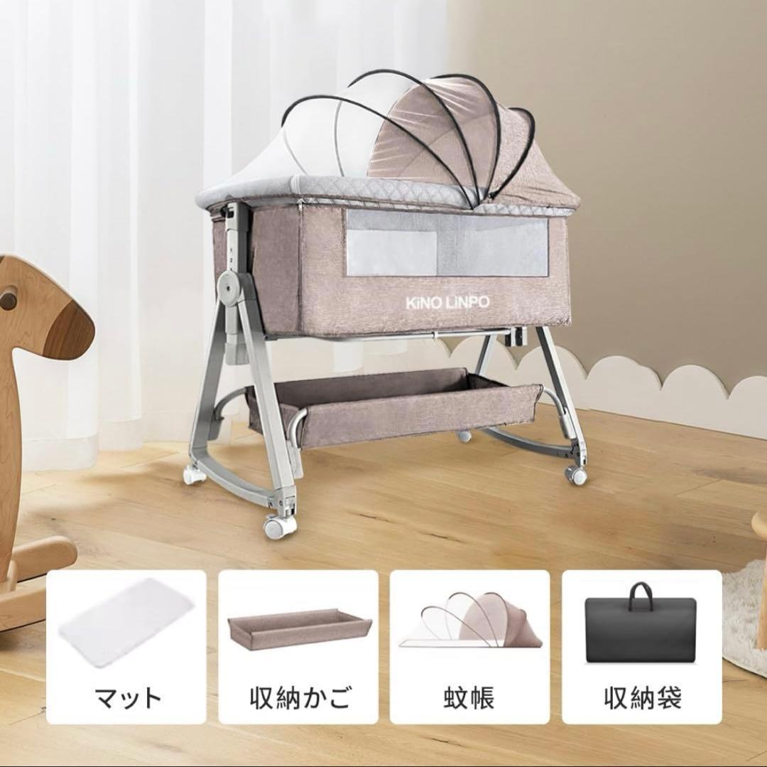 美品 折りたたみ式ベビーベッド 添い寝 コンパクトベビーベッド 収納袋付 グレー