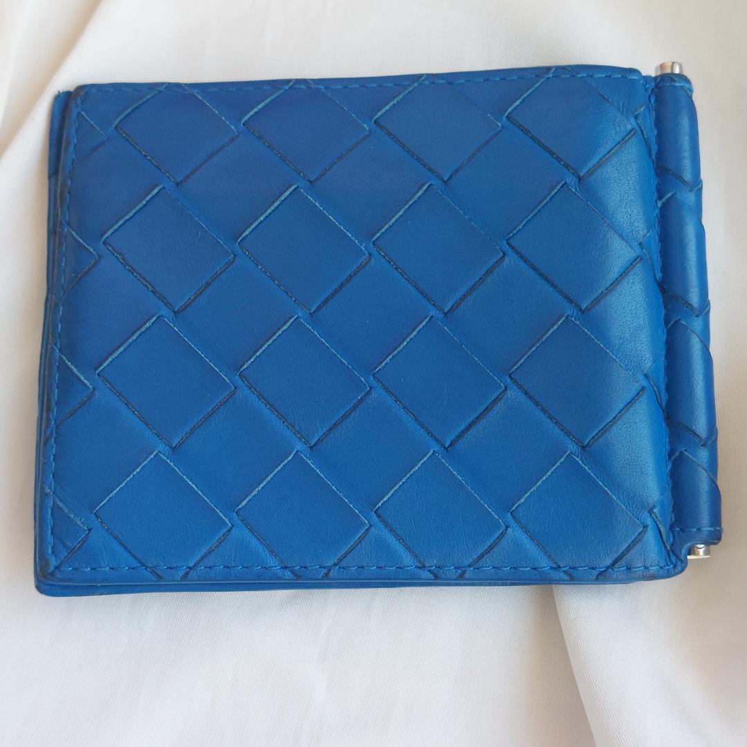 ボッテガ ヴェネタ マネークリップ マキシ イントレチャート 青 革 札 財布