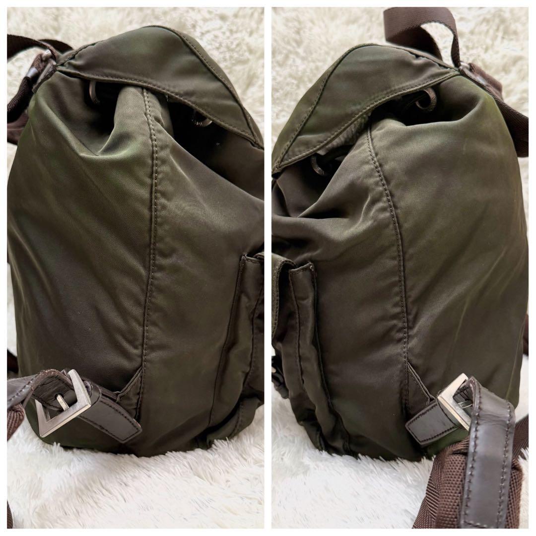 【美品】PRADA プラダ 三角ロゴ リュック バックパック 白タグ カーキ