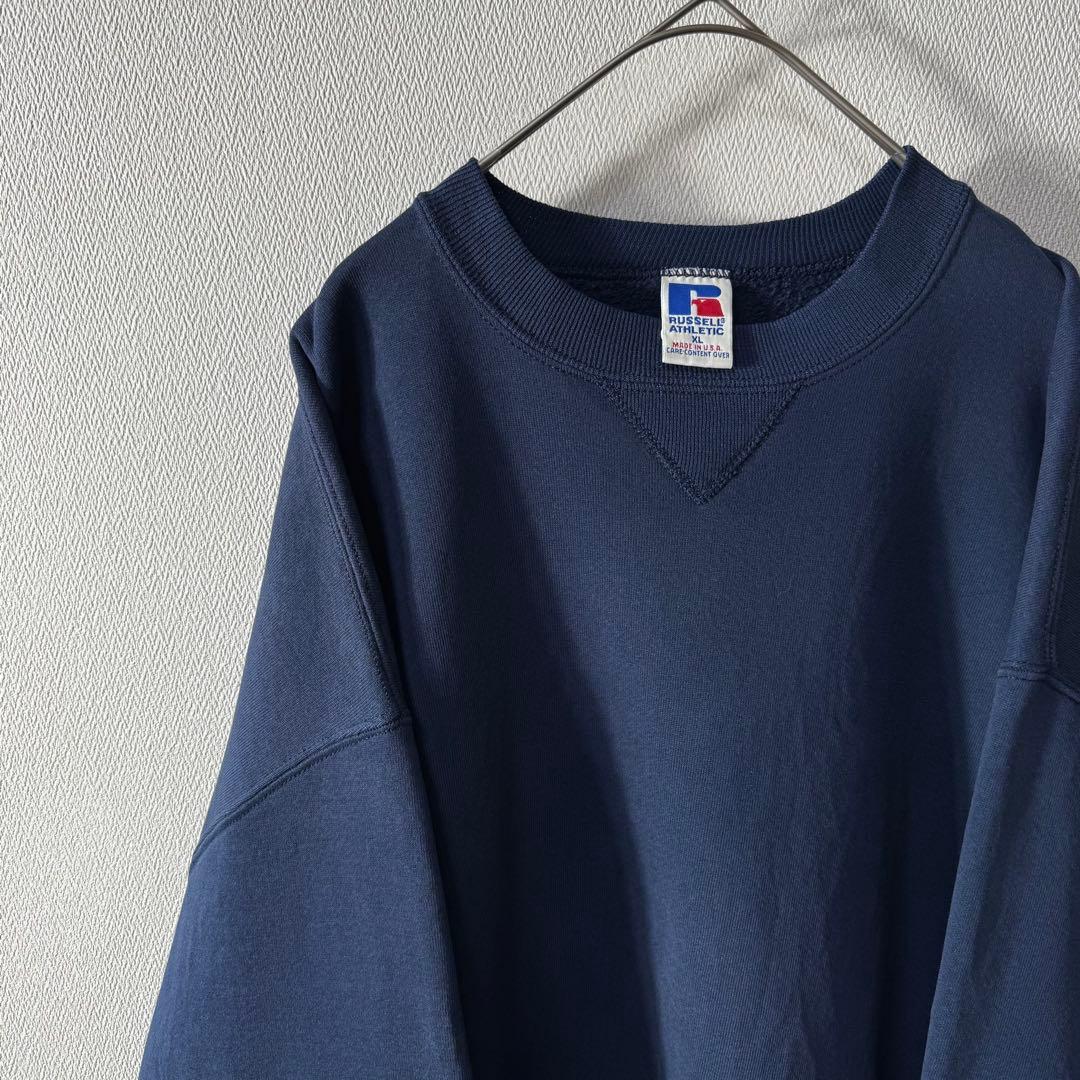 軍*手様 希少 90s USA製 RUSSELL PLAIN 無地 前V ネイビ