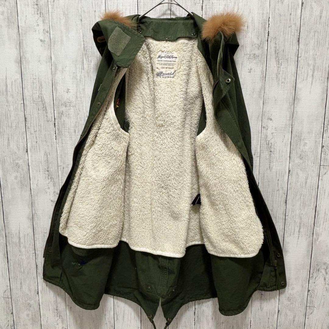 MUVEIL アクリル刺繍モッズコート　ブルーフォックスファー　フード　38