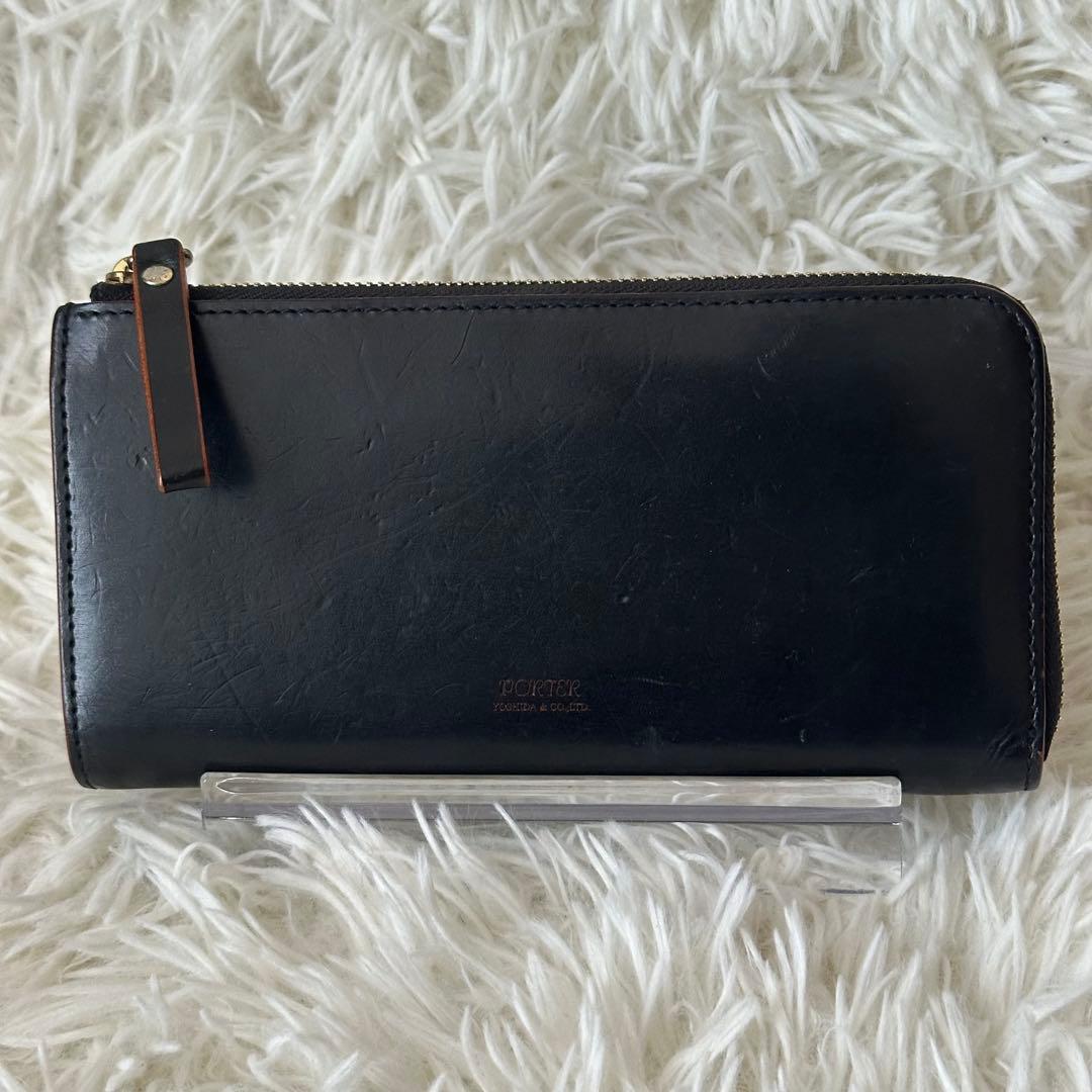 ポーター 長財布 Ｌ字ファスナー レザー 黒 茶色 ロングウォレット ロゴ