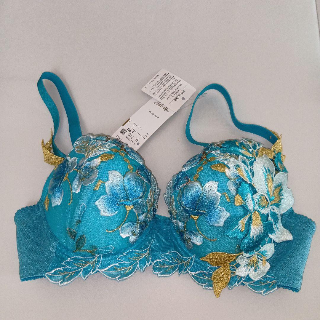 花柄刺繍 ブラジャーショーツセット E65 ターコイズ