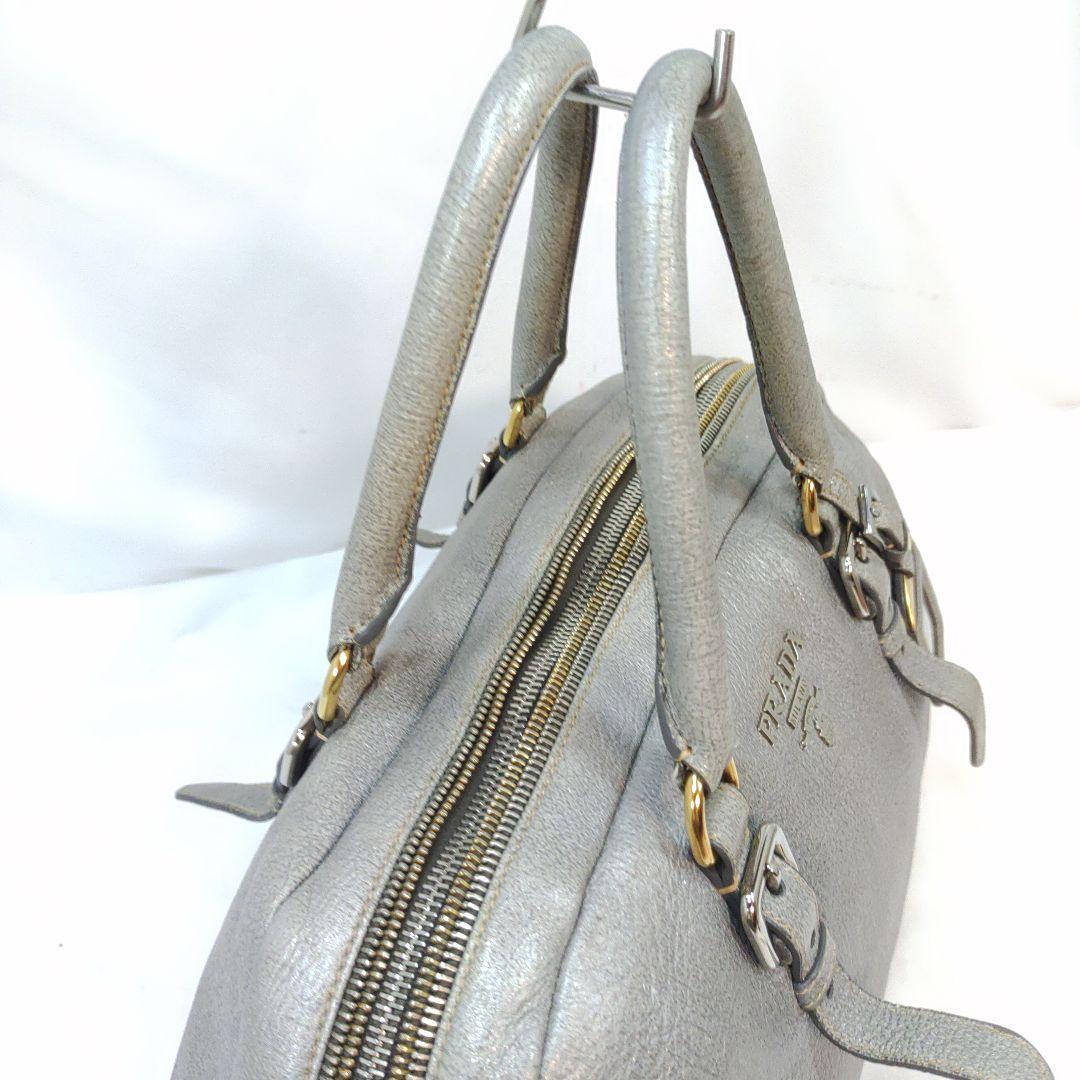 プラダ ミニボストンバッグ ハンドバッグ レザー A4可 シルバー ギャラ付