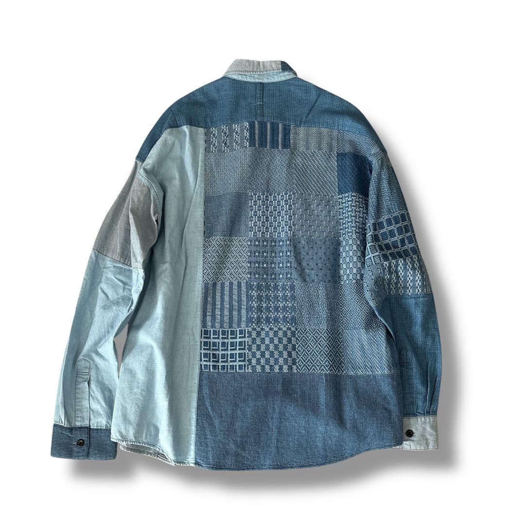 未使用級 FDMTL ファンダメンタル デニムシャツ パッチワーク ブルー XL