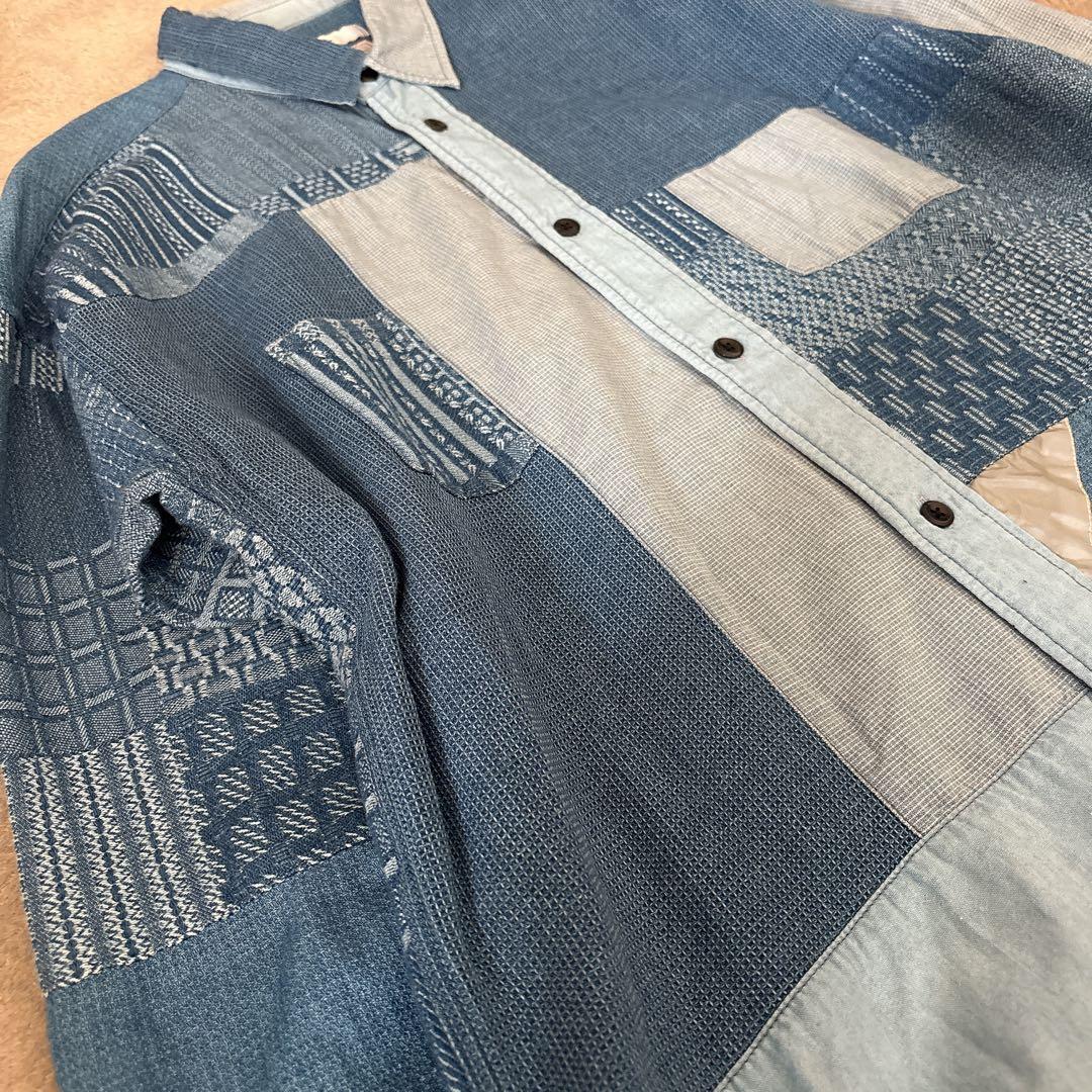 未使用級 FDMTL ファンダメンタル デニムシャツ パッチワーク ブルー XL