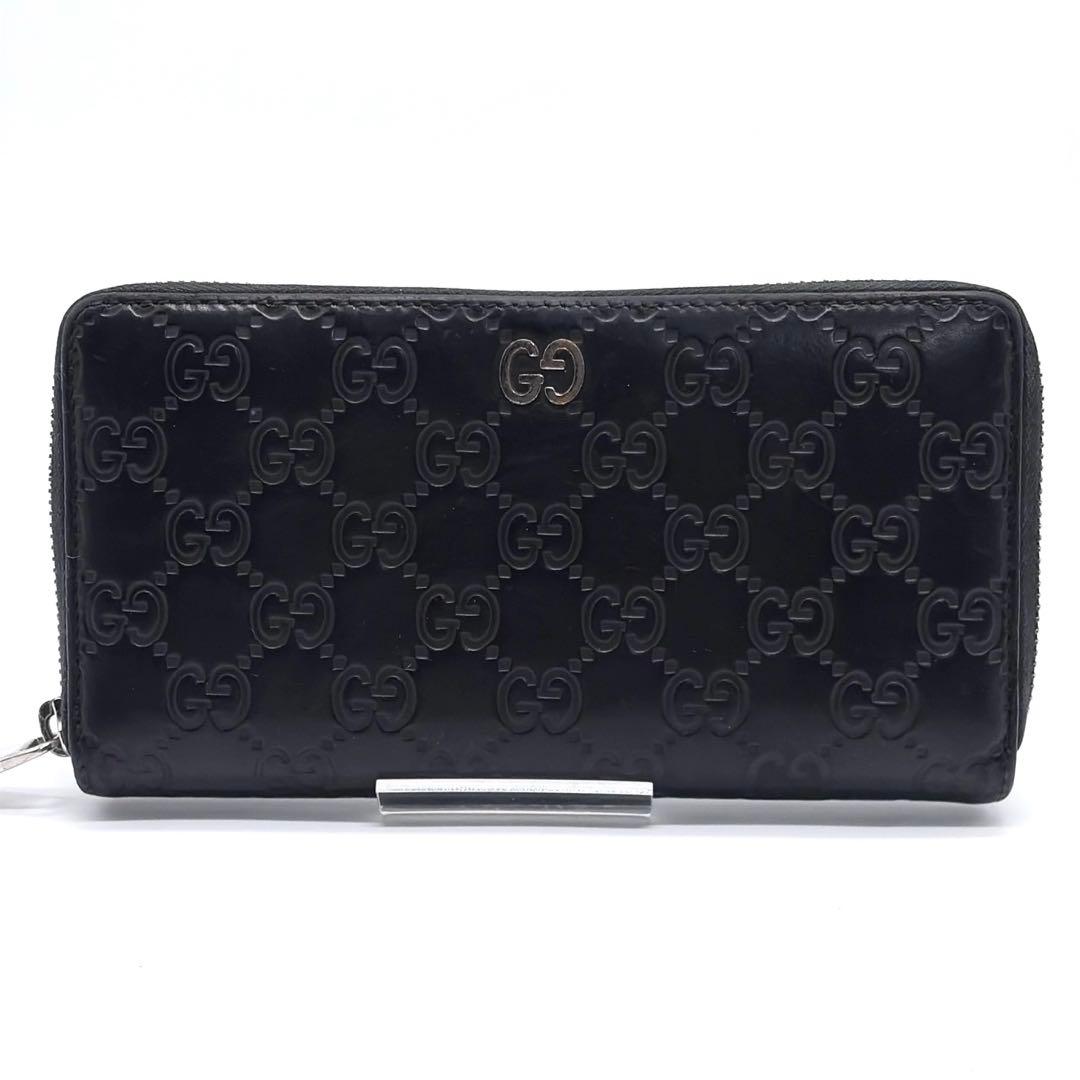 グッチ　長財布　ラウンドファスナー　シマ　インターロッキング　ブラック