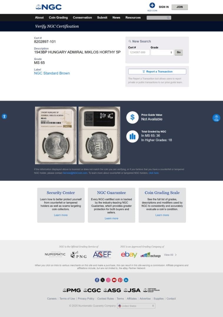 HUNGARY ハンガリー 5Pengo 1943NGC-MS65