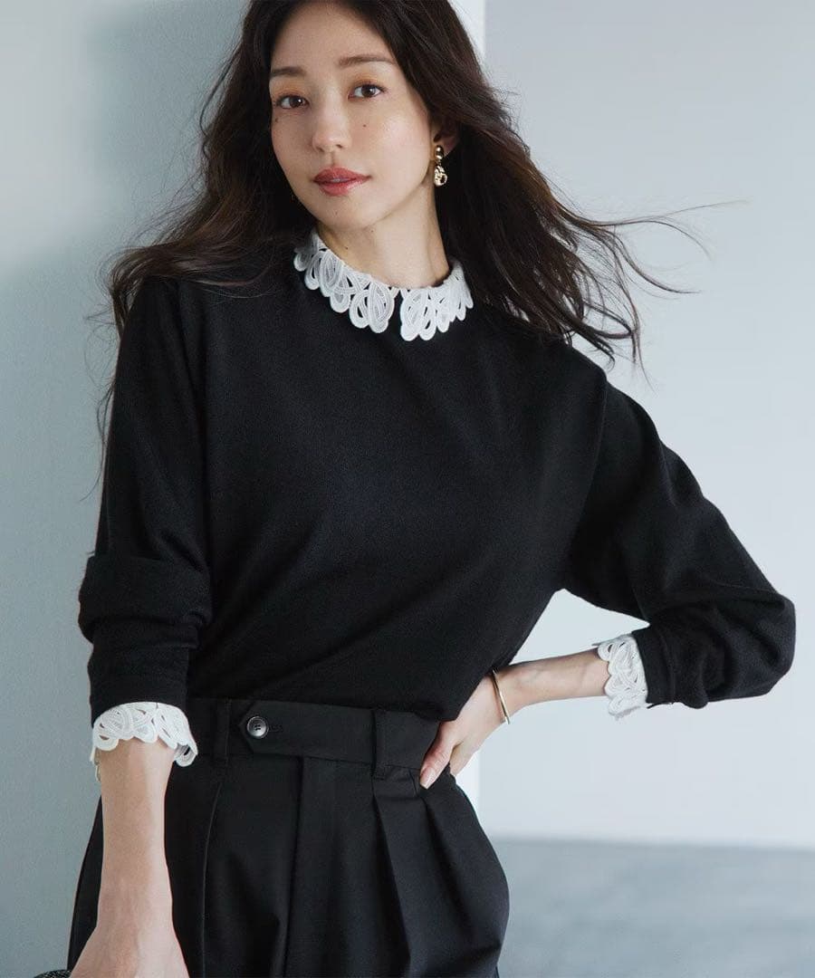 23区【洗える】エンブロイダリーニット　ブラックLサイズ