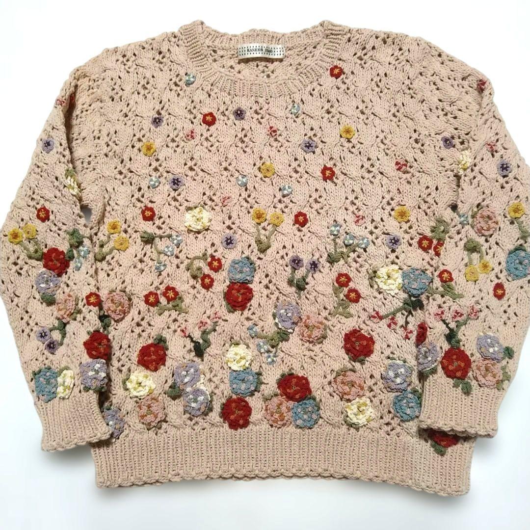 カラフル花モチーフピンクニットセーター カネコイサオ