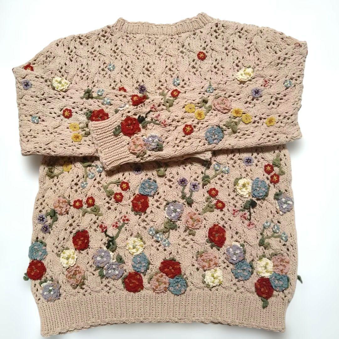 カラフル花モチーフピンクニットセーター カネコイサオ
