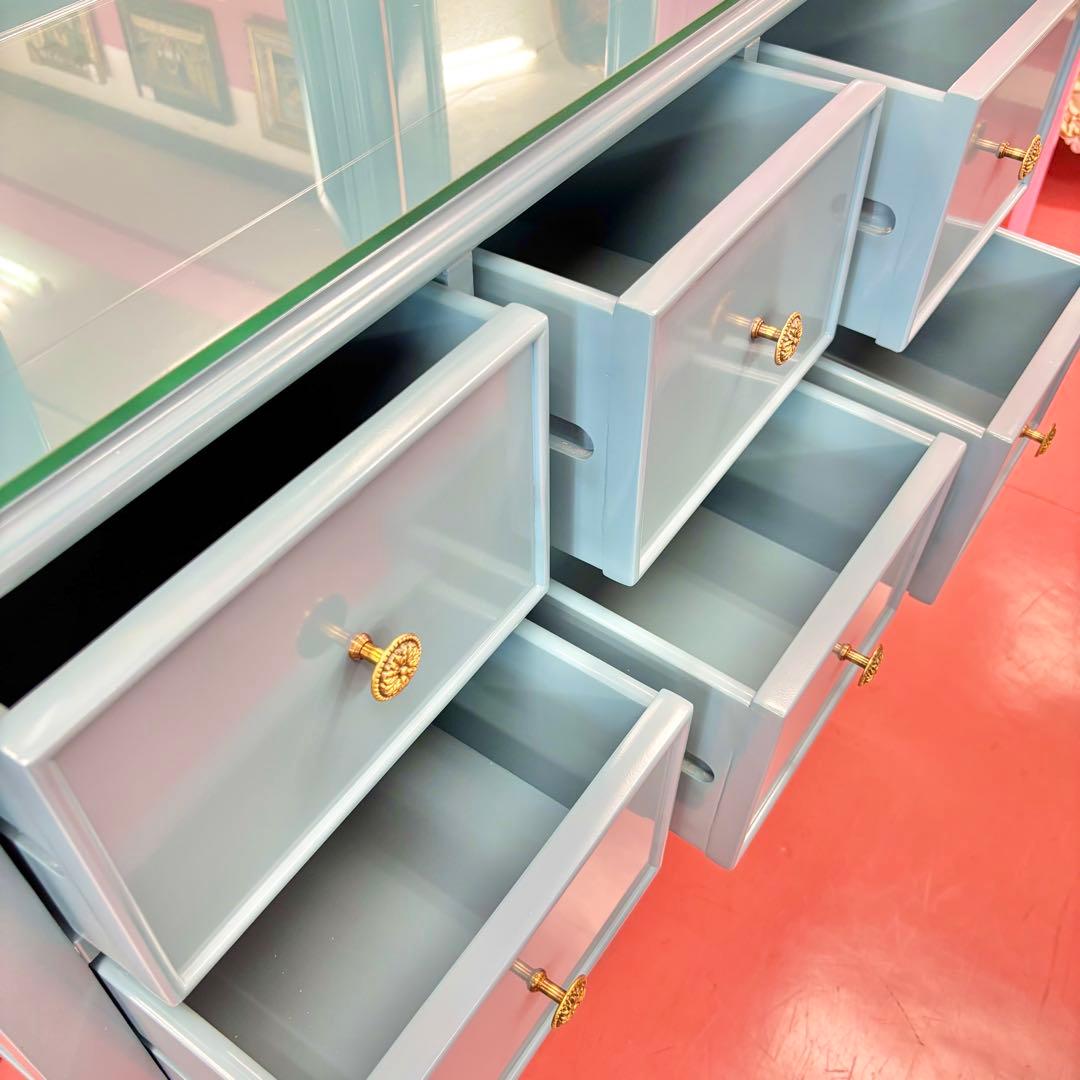 ブルー 3面鏡付 ドレッサー マホガニー材 3面鏡 高級 綺麗 開梱設置サービス