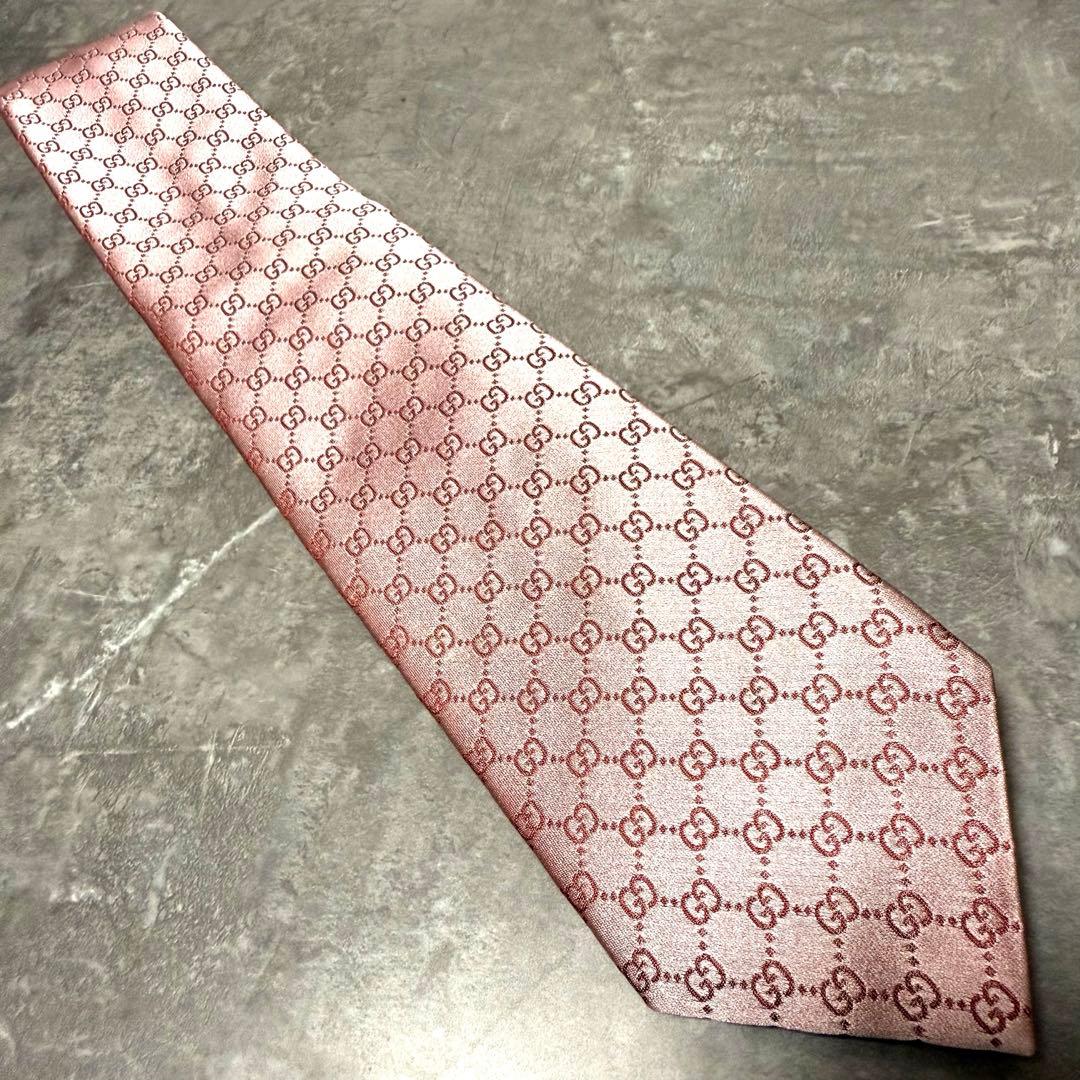 【✨極美品✨】GUCCI グッチ ネクタイ インターロッキング ピンク シルク