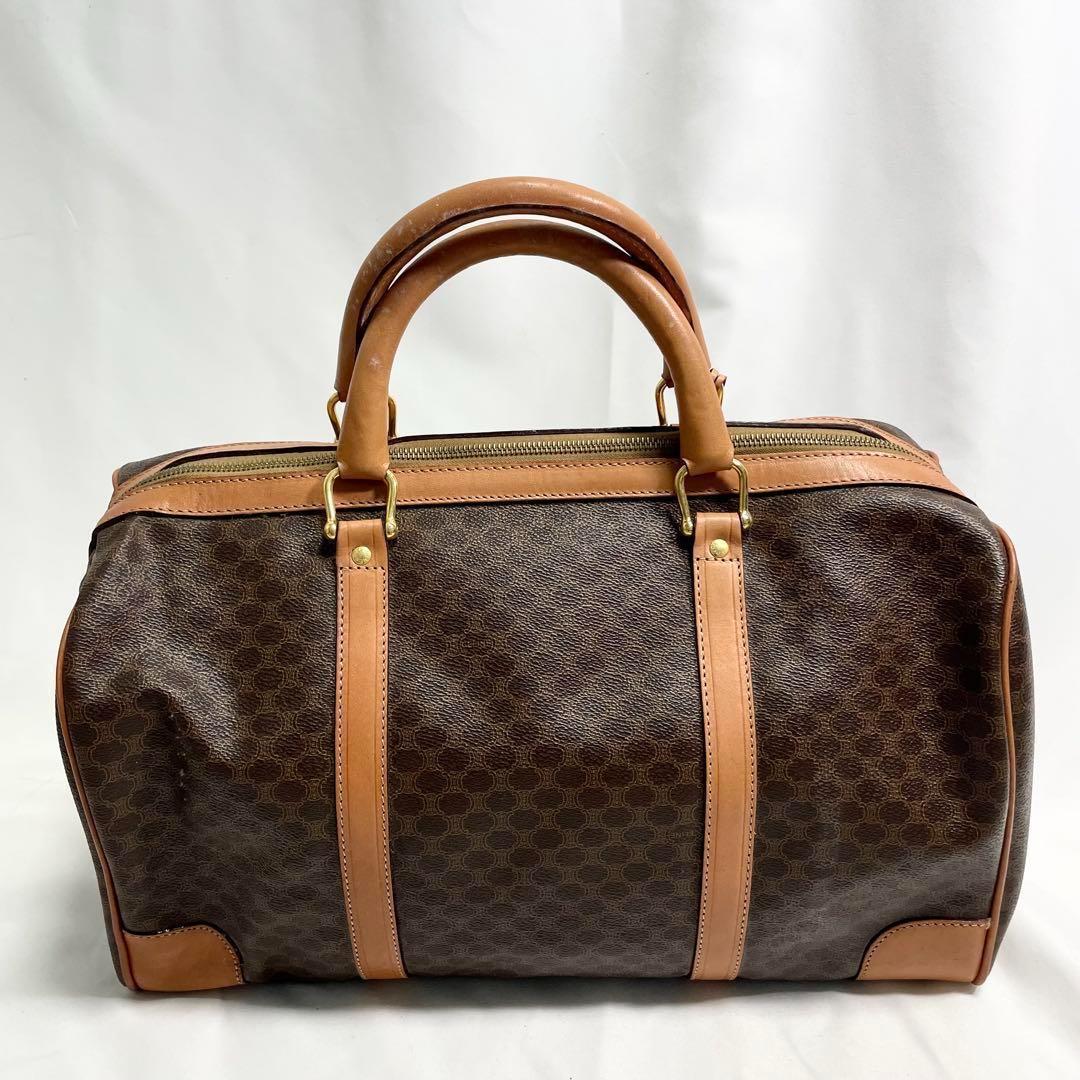 セリーヌ ボストンバッグ マカダム トリオンフ ゴールド金具 レザー 総柄 茶色