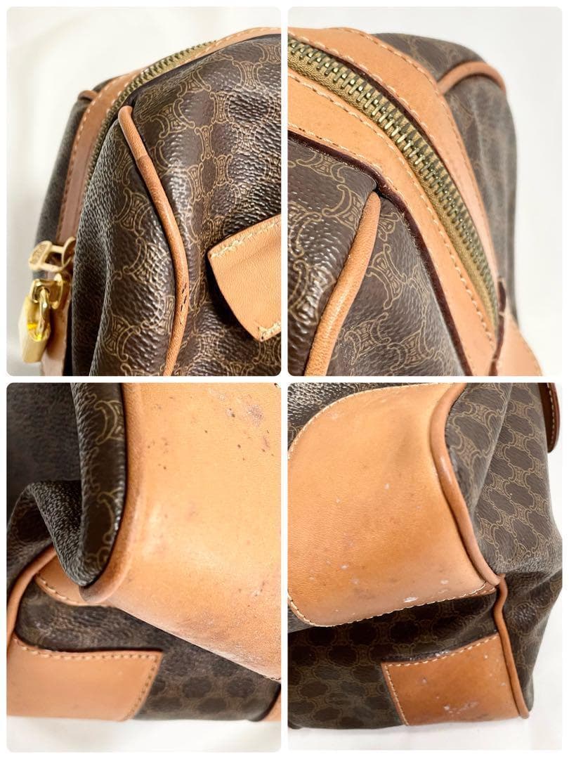 セリーヌ ボストンバッグ マカダム トリオンフ ゴールド金具 レザー 総柄 茶色