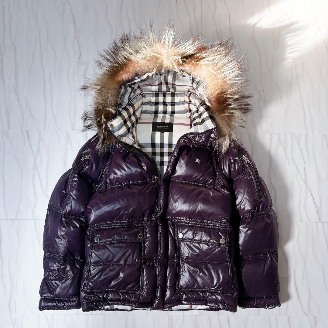 バーバリーブラックレーベル ダウンジャケット ファー ノバチェック 紺 Lサイズ