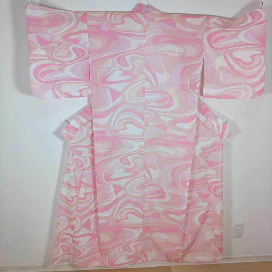 レディース　浴衣セット　身丈158cm　ピンク　作り帯　白　兵児帯　リボン　巾着