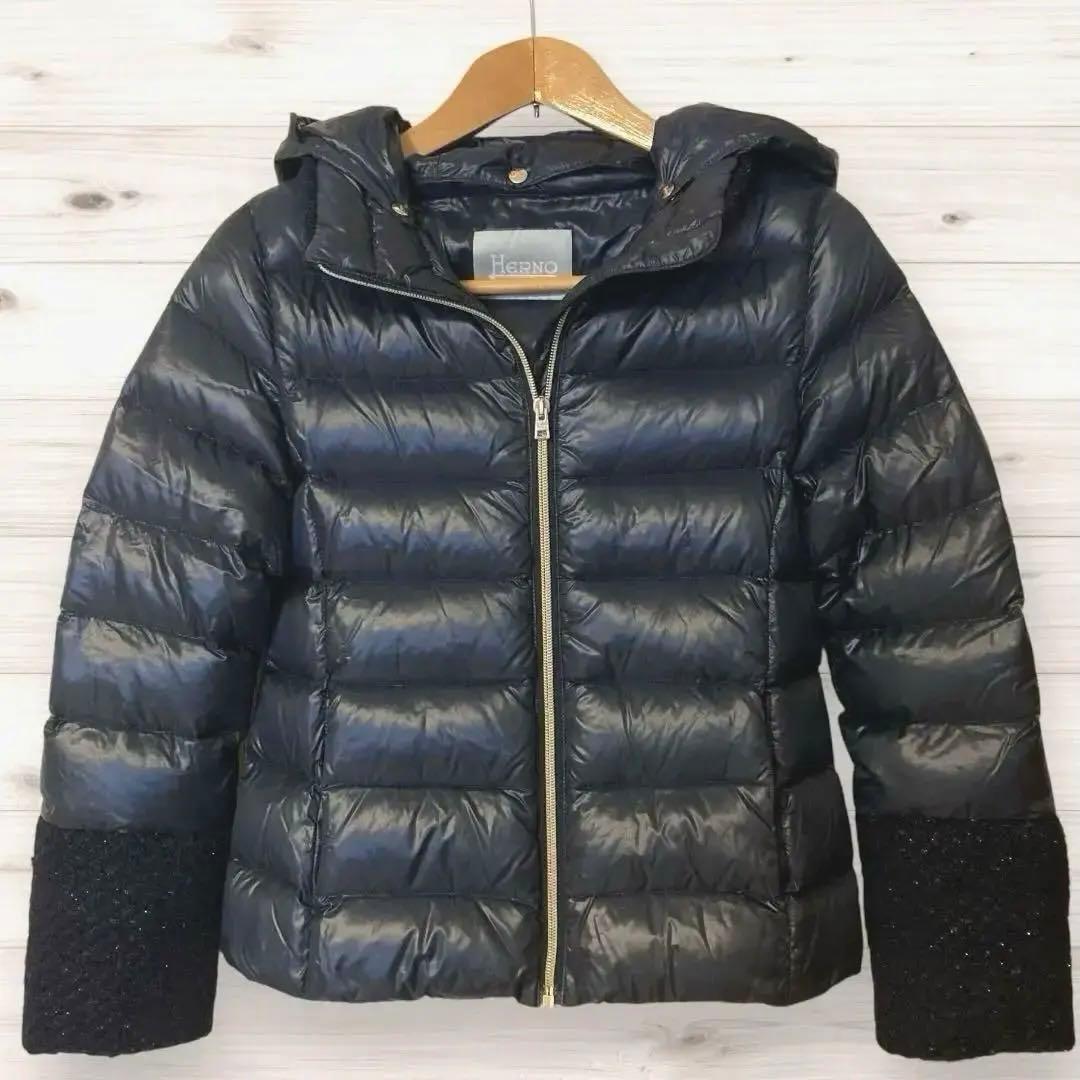 【最終価格】HERNO ヘルノ 軽量ダウンジャケット ネイビー ツイード袖 XS