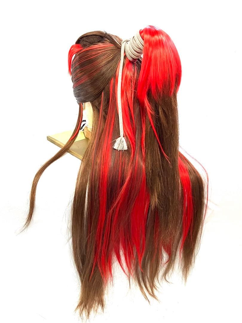 創作、中大サイズ(茶髪＋赤耐熱ファイバープラス)中古舞踊かつら、大衆演劇かつら