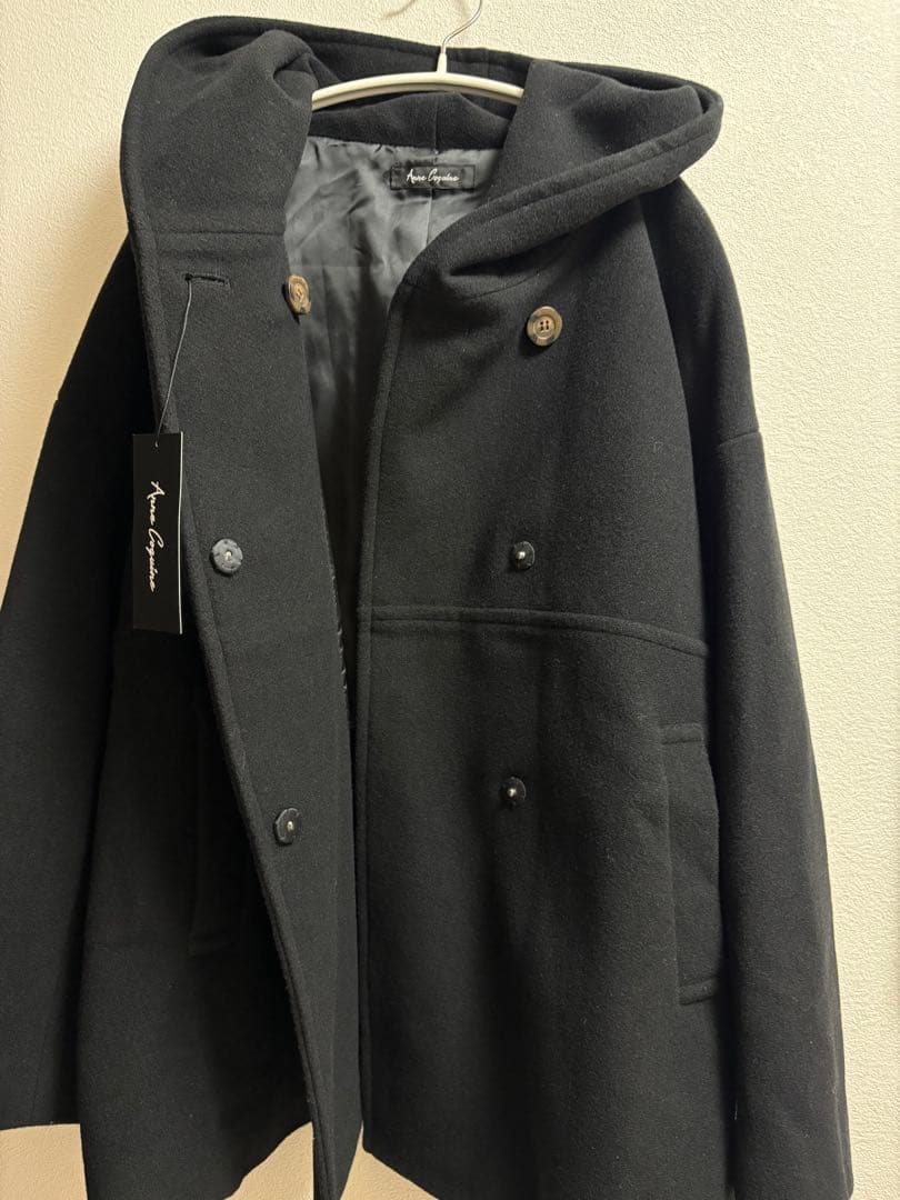 新品タグ付き☆ アンコキーヌ☆ウール混フーディーショートコート☆ブラック 3L