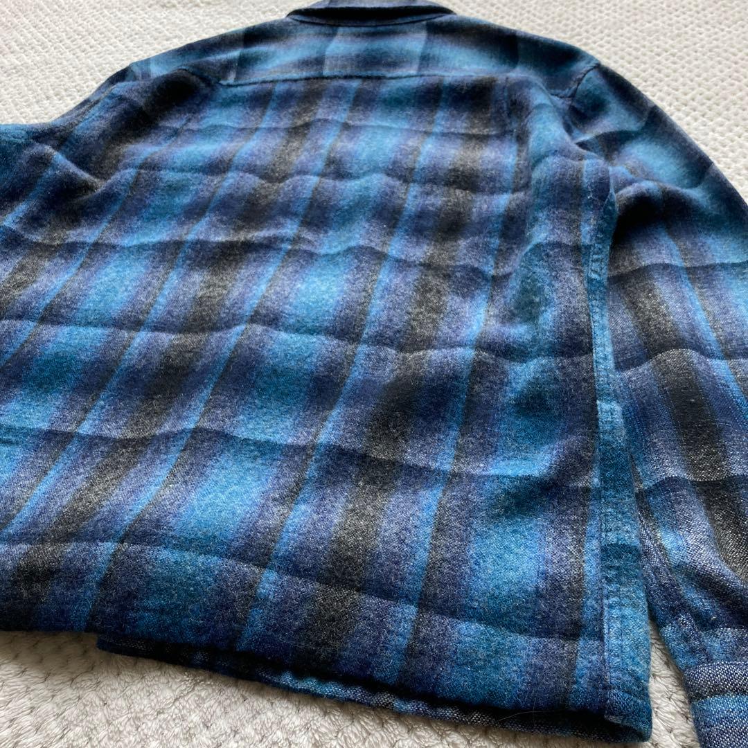 青 黒 オンブレ チェック 70s ビンテージ ウールシャツ ボードシャツ FJ