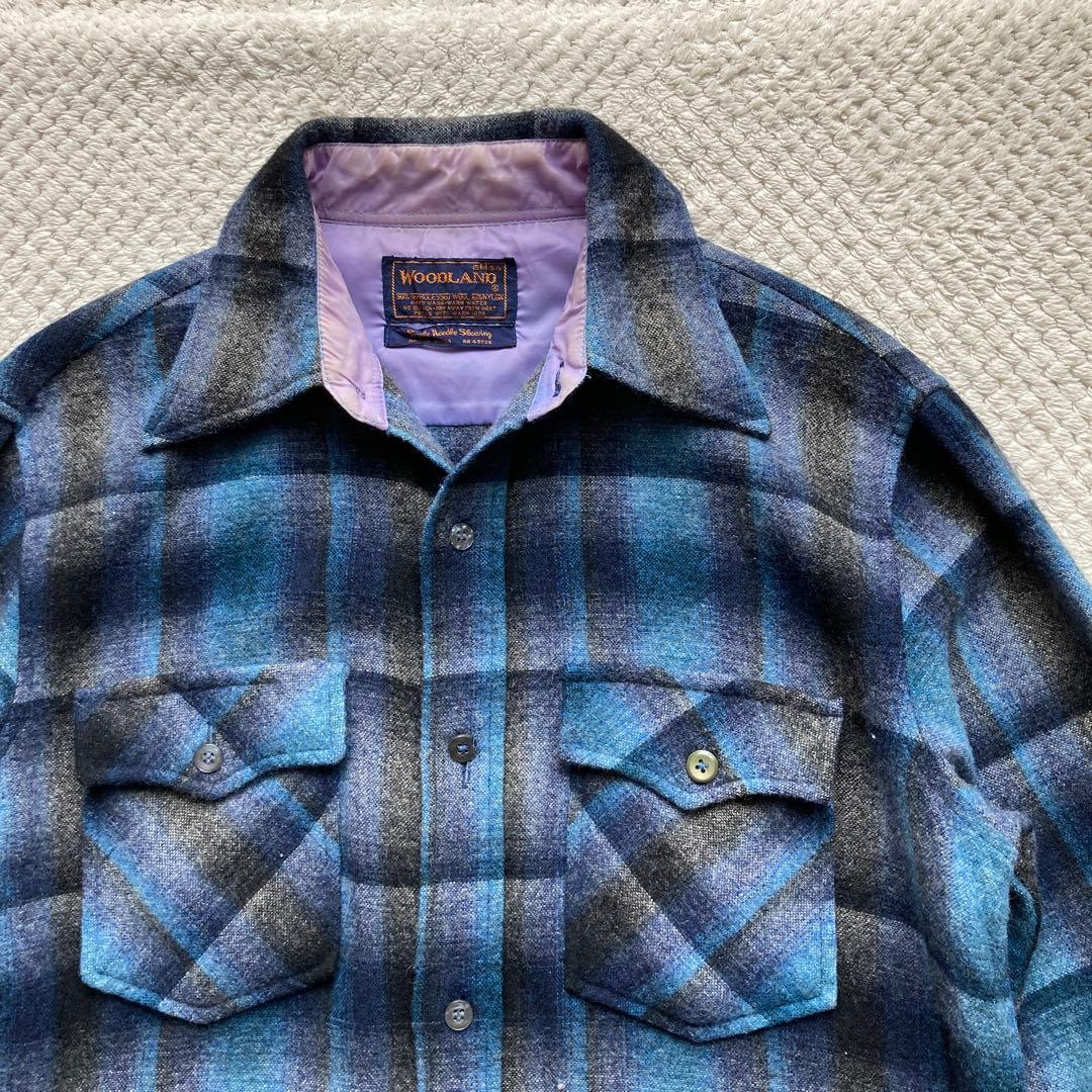 青 黒 オンブレ チェック 70s ビンテージ ウールシャツ ボードシャツ FJ