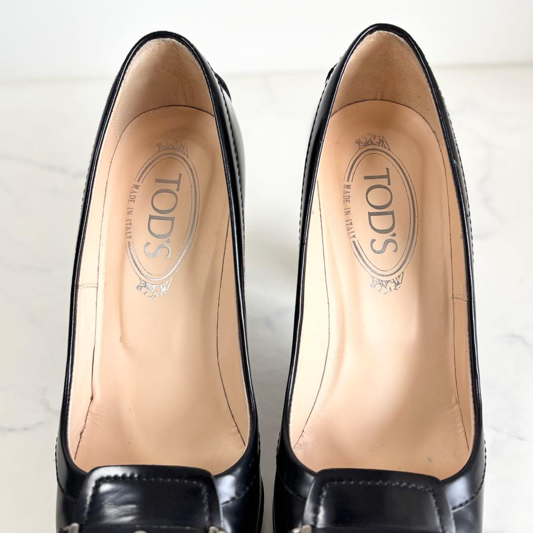 美品 トッズ 37 ヒール ローファー パンプス ダブルT レザー ブラック