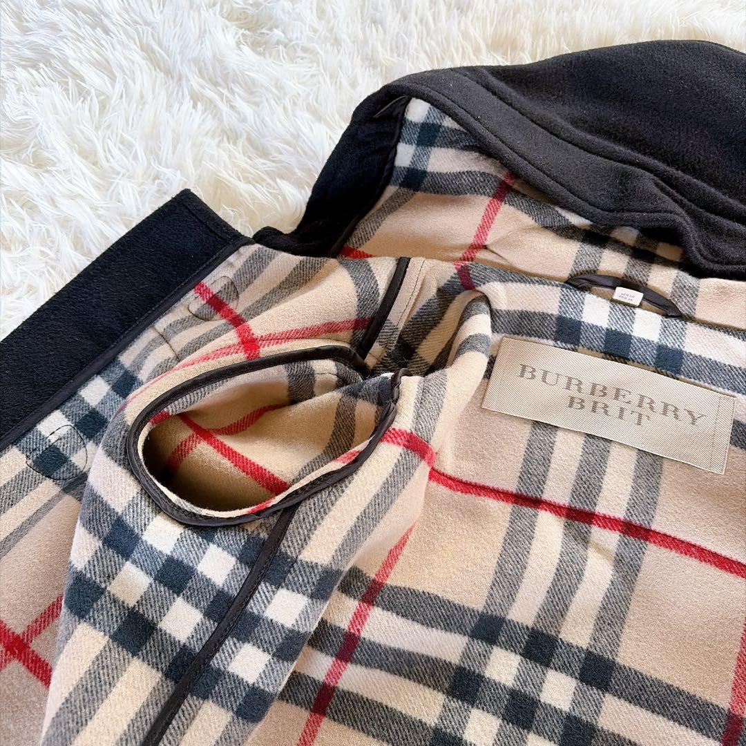 【バーバリーブリット】ダブルフェイスウールダッフルコート ブラック ノバチェック