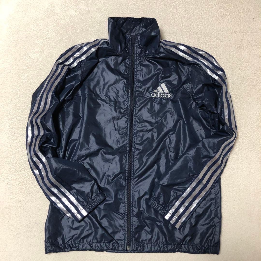 美品　adidas ウインドブレーカー上下　ネイビー　光沢シルバーライン　高配色