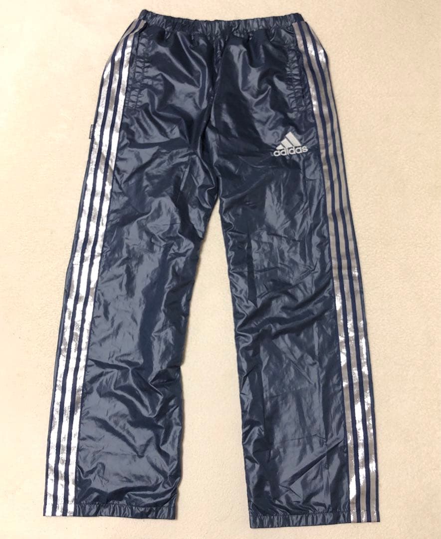 美品　adidas ウインドブレーカー上下　ネイビー　光沢シルバーライン　高配色