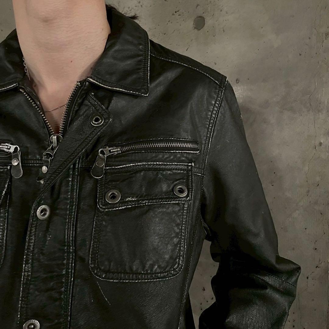 90's ギミック 本革レザー トラッカージャケット デザイン y2k グランジ