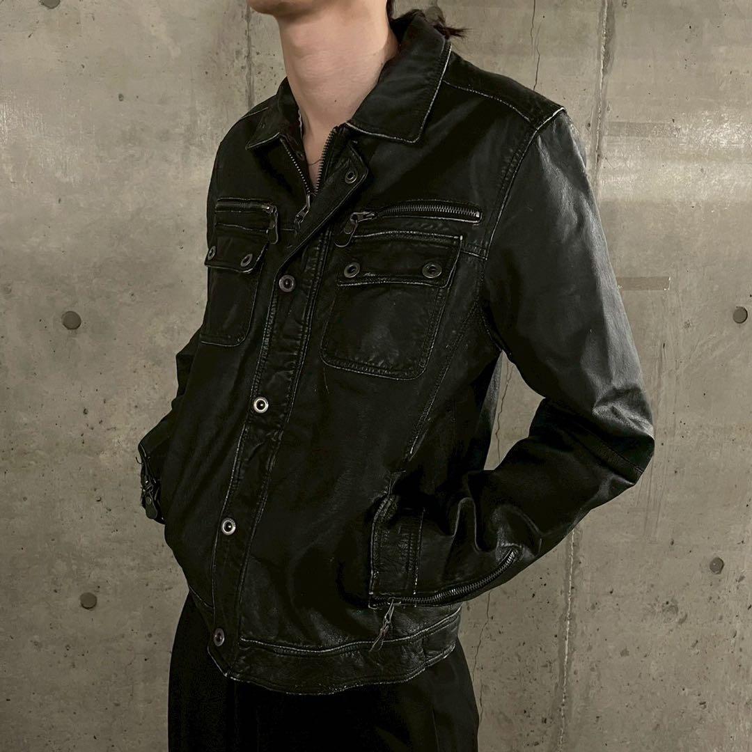 90's ギミック 本革レザー トラッカージャケット デザイン y2k グランジ