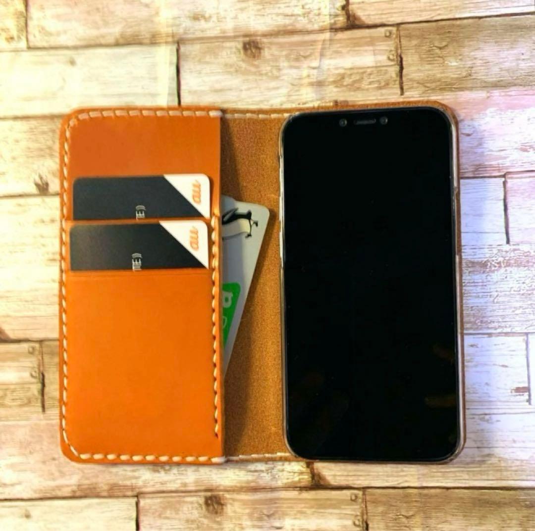栃木レザー　キャメル　iPhoneケース　2枚ポケット付き　手帳型　本革